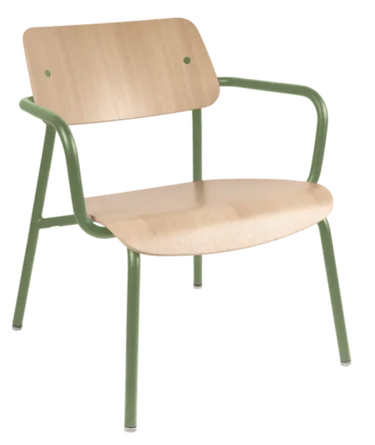 Pesto green Fermob Studie Oak Lounge Armchair with metal frame, showcasing a modern, stylish office lounge chair.