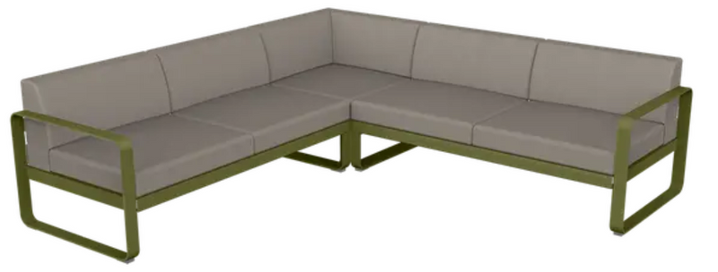 Load image into Gallery viewer, Fermob Bellevie Composition 2 outdoor lounge sofa set with grey taupe cushions and Pesto-colored modular seating.
