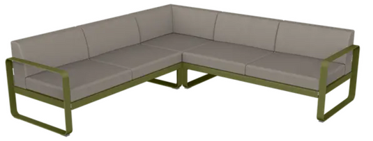 Fermob Bellevie Composition 2 outdoor lounge sofa set with grey taupe cushions and Pesto-colored modular seating.