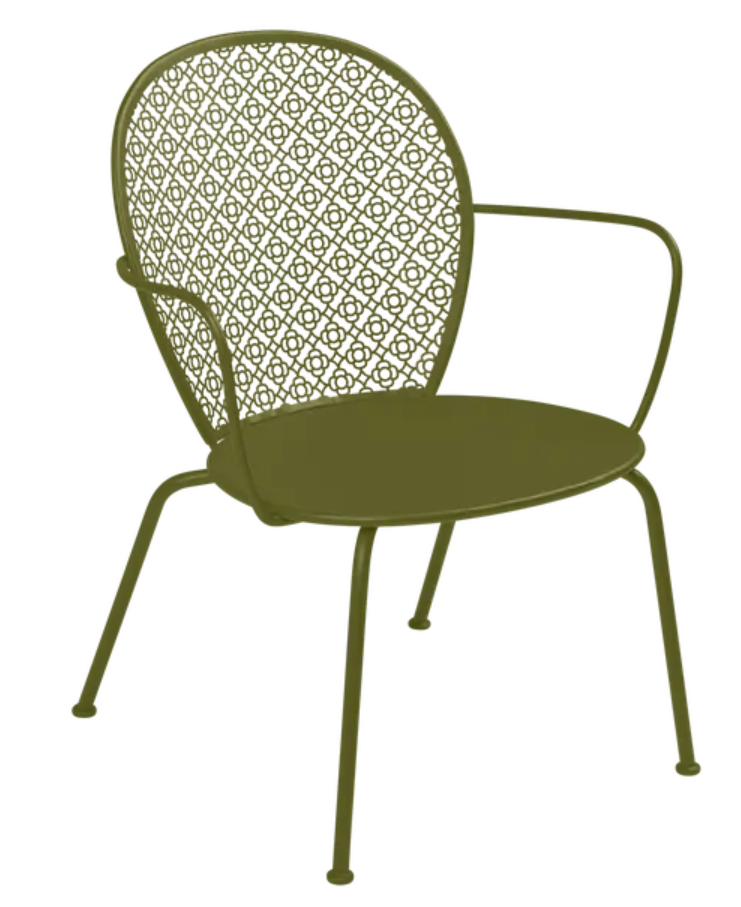 Load image into Gallery viewer, Fermob LORETTE low metal armchair in Pesto green with a sleek, modern design, ideal for outdoor seating.
