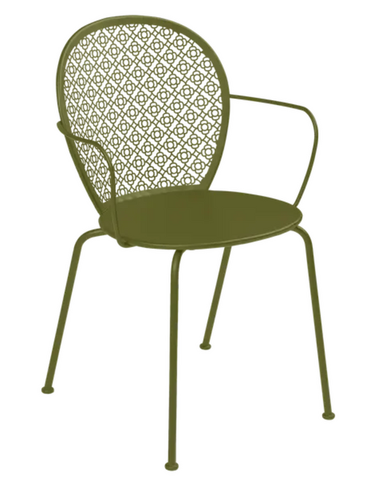 Fermob Lorette outdoor metal armchair in Pesto green with curved armrests and slatted seat, perfect for garden or patio seating.