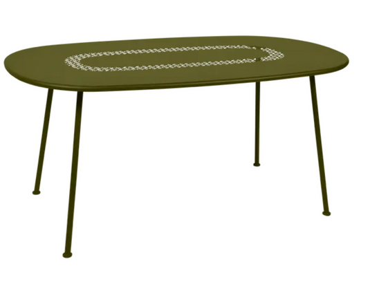 Fermob Lorette Oval Metal Table, 160x90 cm, outdoor dining table with a sleek metal design and sturdy construction.
