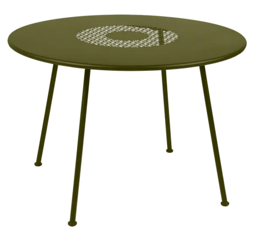 Fermob LORETTE round garden table with 110 cm diameter, metal construction, fire-resistant, outdoor patio furniture.