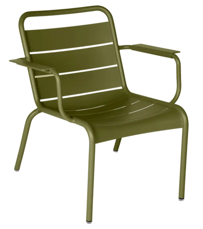 Load image into Gallery viewer, Fermob Luxembourg garden armchair lounge with Pesto finish, featuring a comfortable outdoor seating design and stylish metal construction.
