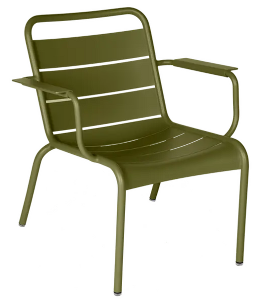 Fermob Luxembourg garden armchair lounge with Pesto finish, featuring a comfortable outdoor seating design and stylish metal construction.