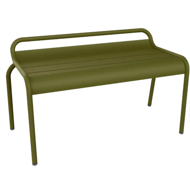 Load image into Gallery viewer, Fermob Luxembourg stackable outdoor bench, 90 cm, with metal construction and Pesto color, shown on hall side.
