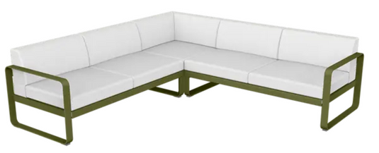 Fermob Bellevie Composition 2 outdoor lounge sofa set with off-white cushions and pesto-colored frame, modular design for outdoor seating.