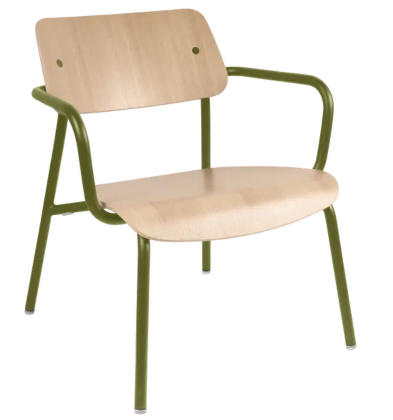 Load image into Gallery viewer, Fermob Studie Oak Lounge Armchair with a metal frame and wooden seat, modern design for office or lounge spaces.
