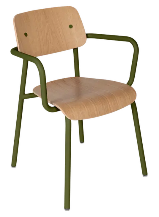 Fermob Studie Oak outdoor armchair with wooden frame and cushioned seat, ideal for outdoor seating and relaxation.