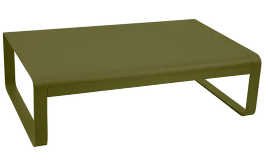 Pesto green Fermob Bellevie low lounge table, 103x75 cm, outdoor metal coffee table with sleek design and sturdy construction.