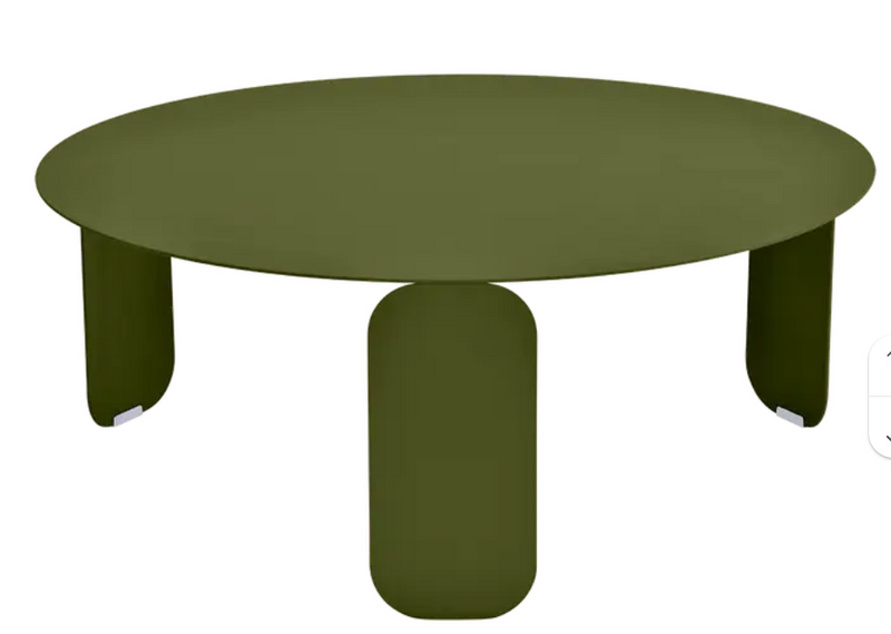 Load image into Gallery viewer, Fermob Bebop Low Table in Pesto green with 80cm round top, outdoor low coffee table with anthracite accents.
