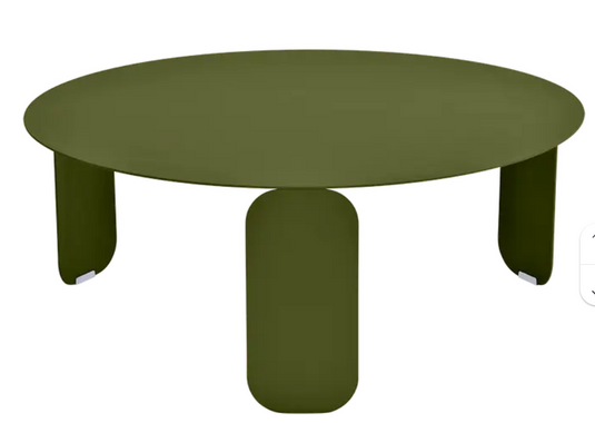 Fermob Bebop Low Table in Pesto green with 80cm round top, outdoor low coffee table with anthracite accents.