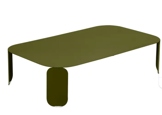 Fermob Bebop low outdoor table, 120x70 cm with 42 cm height, featuring a Pesto finish, suitable for garden or patio use.