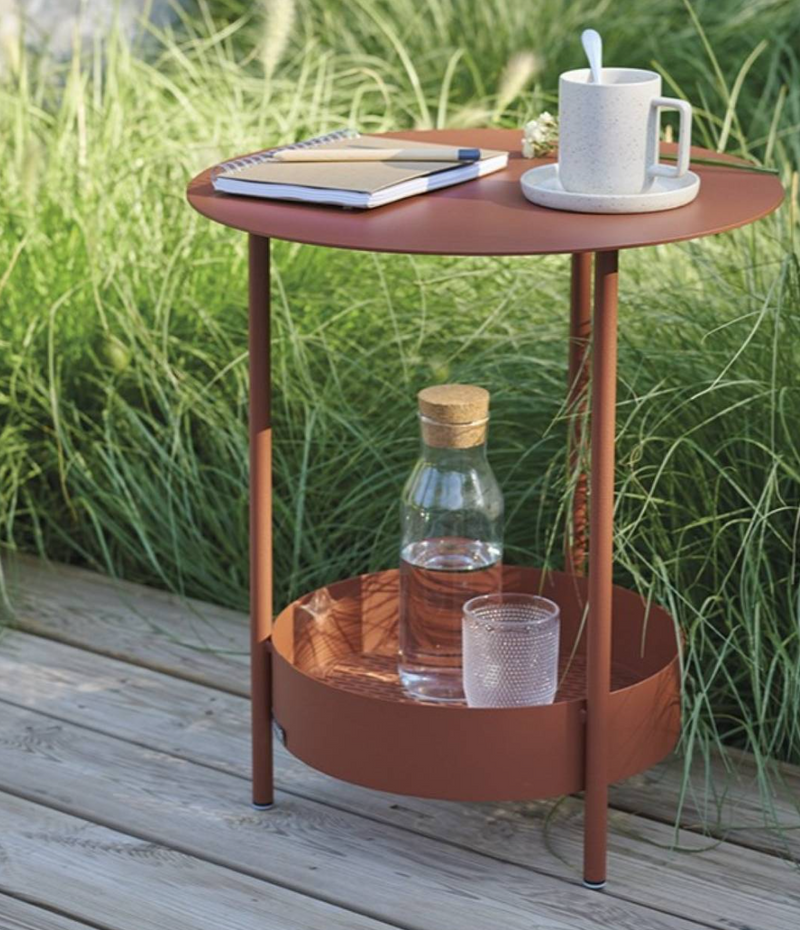 Load image into Gallery viewer, Fermob Salsa pedestal side table with round top and curved pedestal base, suitable for outdoor furniture setting.
