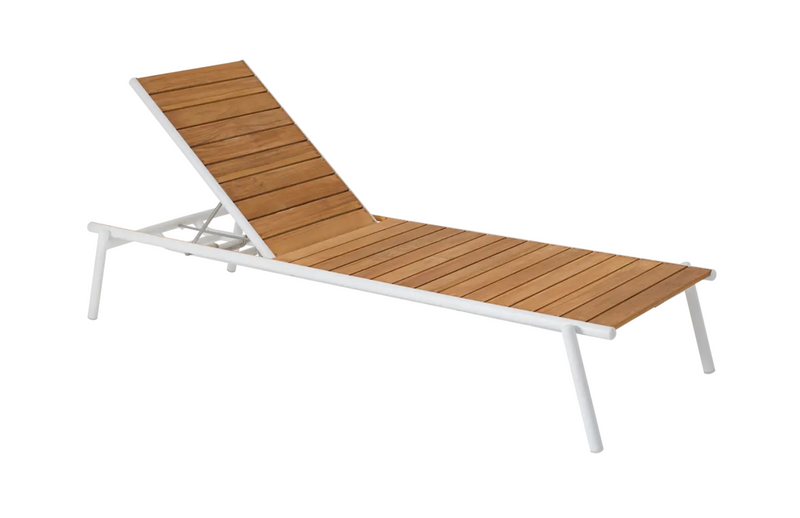 Load image into Gallery viewer, Fermob Pilotis V. teak sunlounger with adjustable backrest, outdoor poolside furniture, on a hotel patio.
