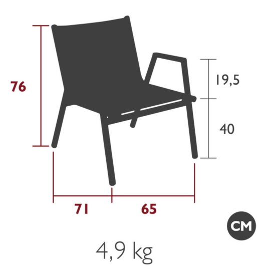 Fermob Pilotis V aluminum low armchair with teak seat, outdoor restaurant furniture designed for stylish outdoor dining.