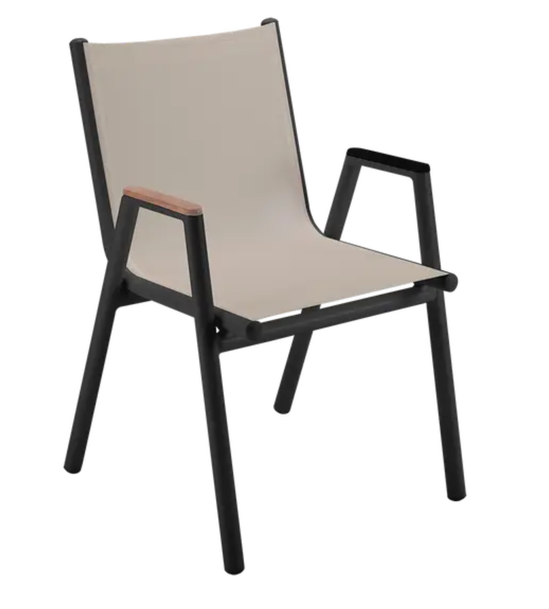 Load image into Gallery viewer, Fermob Pilotis V Batyline teak armchair with a sleek design, outdoor furniture suitable for restaurants and hotels.
