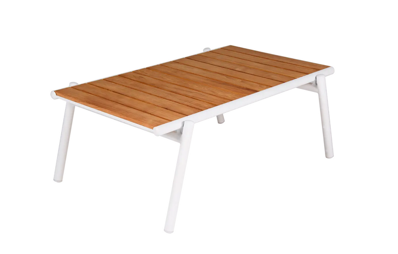 Load image into Gallery viewer, Fermob Pilotis V. low teak and aluminium outdoor table, 104 x 67.5 cm, showing sleek teak top and modern aluminium legs.
