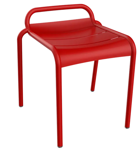 Fermob Luxembourg outdoor stool with a vibrant red poppy design, made of durable outdoor furniture material.