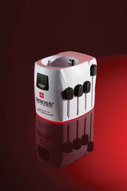 Skross Pro 3-Pole World Travel Adapter for phone and tablet accessories, compact design for international device charging.