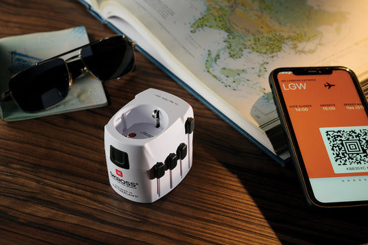 Skross Pro 3-Pole World Travel Adapter for phone and tablet accessories showing universal plug and compact design