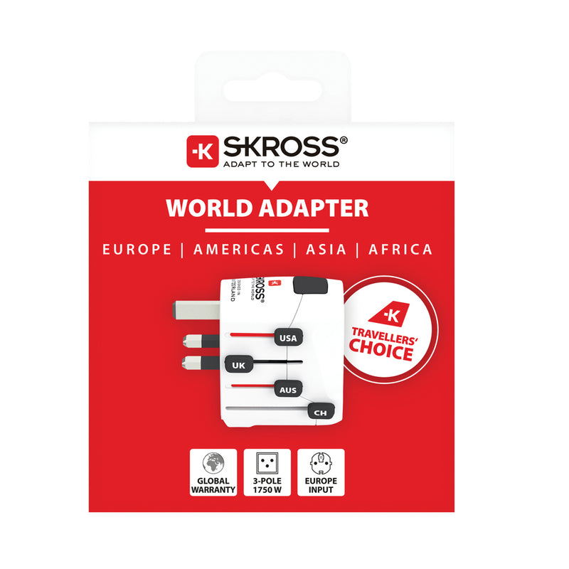 Load image into Gallery viewer, Skross Pro 3-Pole World Travel Adapter for phones and tablets, compact design, with multiple international plug options, black color.
