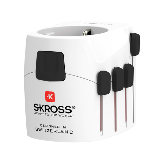 Skross Pro 3-Pole World Travel Adapter for phone and tablet accessories, featuring multiple plug options and compact design.