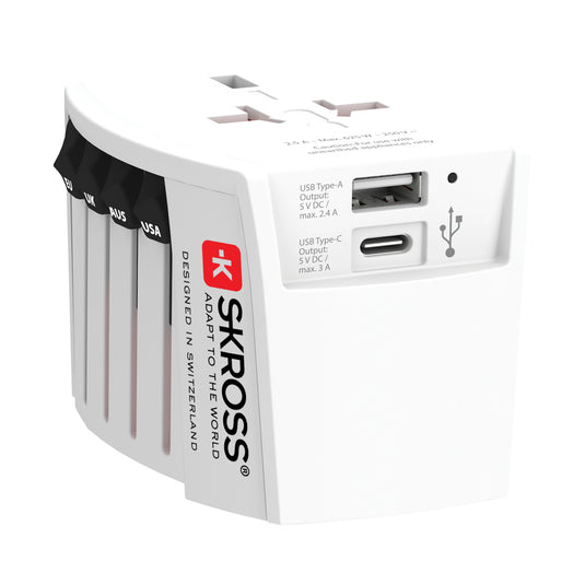 Skross SKROSS World Travel Adapter MUV with USB A and C ports for phone and tablet charging, compact travel accessory.