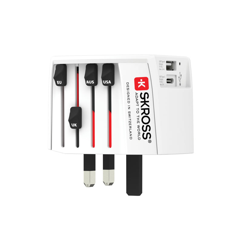 Load image into Gallery viewer, Skross SKROSS World Travel Adapter MUV with USB A and C ports, compact phone and tablet travel accessories for international use.
