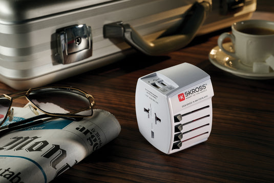 Skross SKROSS World Travel Adapter MUV with USB A and C ports for phone and tablet charging, compact travel accessory
