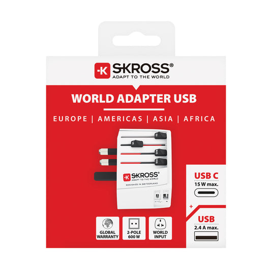 Skross SKROSS World Travel Adapter MUV with 2-pole plug, USB A and C ports for phone and tablet charging during travel