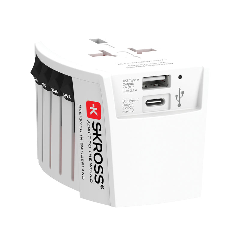 Load image into Gallery viewer, Skross SKROSS World Travel Adapter MUV with 2-pole plug, USB A and C ports for phone and tablet charging on international trips.

