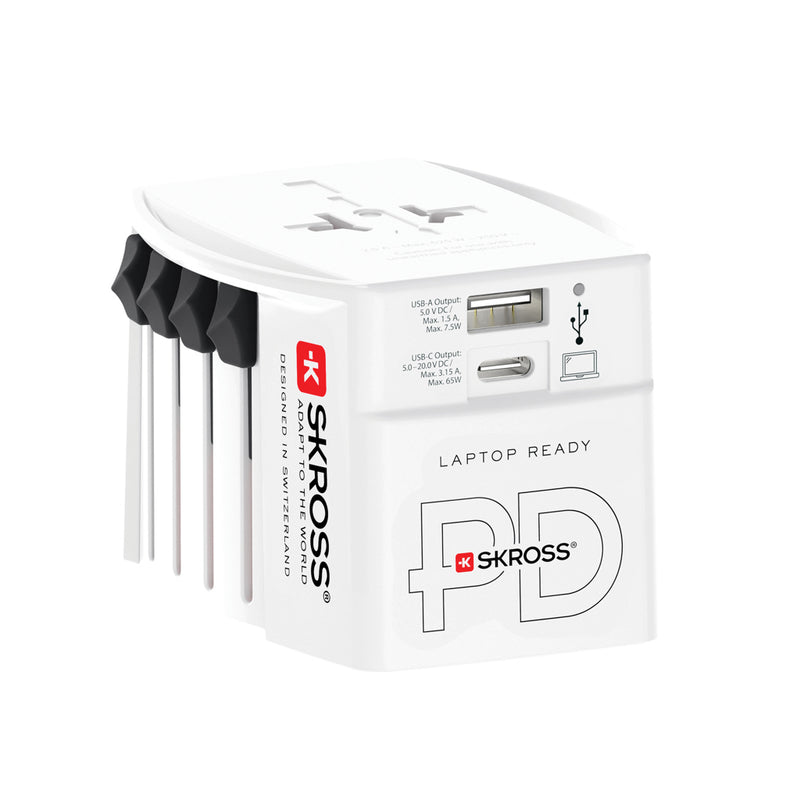 Load image into Gallery viewer, Skross SKROSS World Travel Adapter MUV 65W PD with USB-C cable for phone and tablet charging, compact travel accessory.
