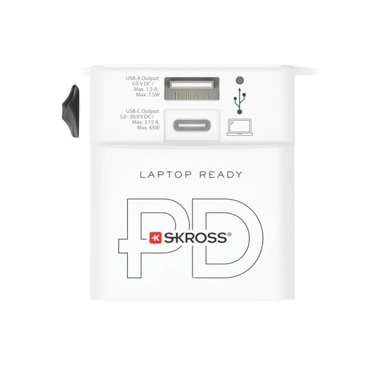 Skross SKROSS World Travel Adapter MUV 65W PD with USB-C cable for phone and tablet charging, compact travel accessory