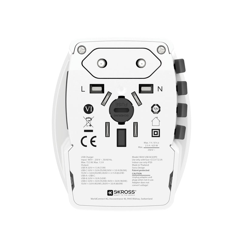Load image into Gallery viewer, Skross SKROSS World Travel Adapter MUV 65W PD with USB-C cable for phone and tablet charging, compact travel power adapter.
