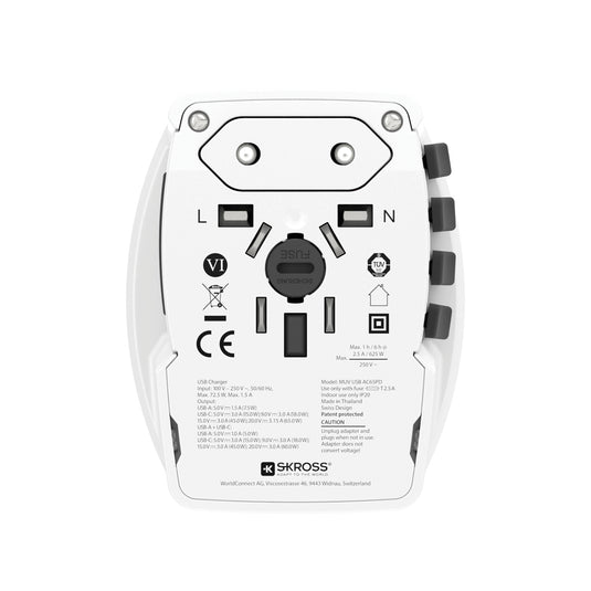 Skross SKROSS World Travel Adapter MUV 65W PD with USB-C cable for phone and tablet charging, compact travel power adapter.