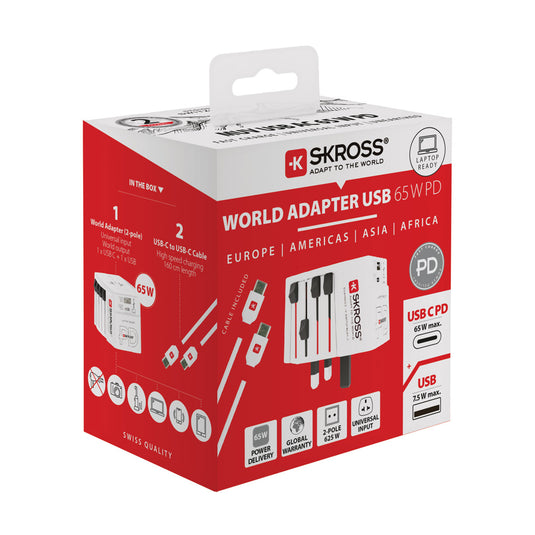 Skross SKROSS World Travel Adapter MUV 65W PD with USB-C cable for phone and tablet charging, compact travel accessory.
