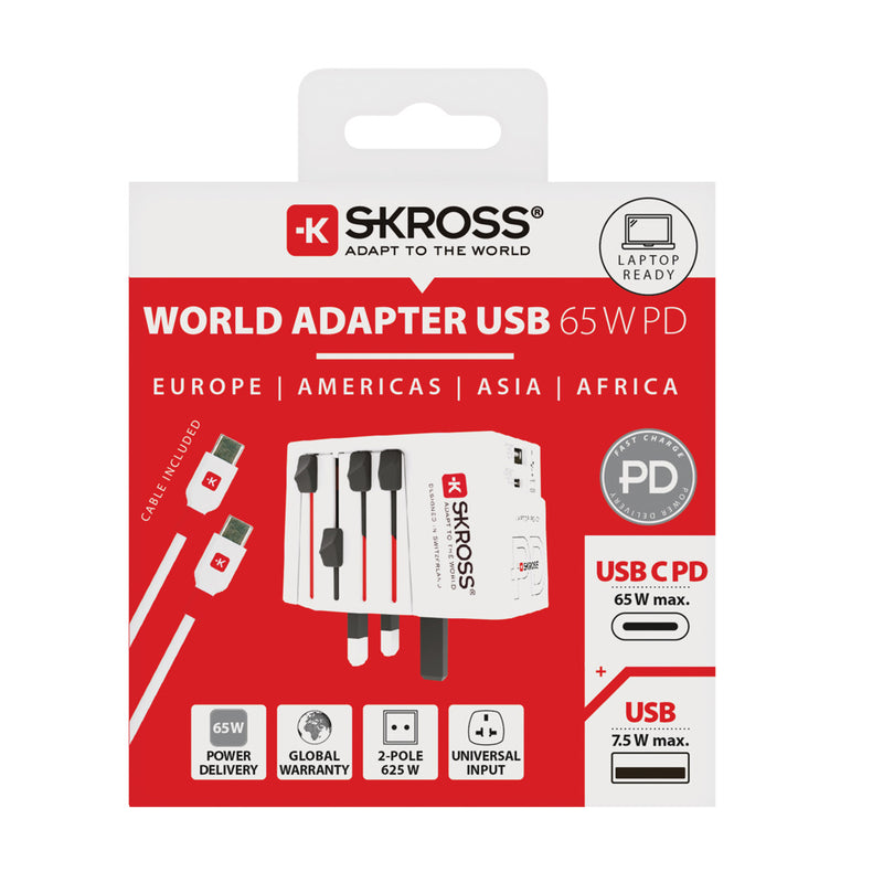 Load image into Gallery viewer, Skross SKROSS World Travel Adapter MUV 65W PD with USB-C cable for phone and tablet charging, compact travel accessory.

