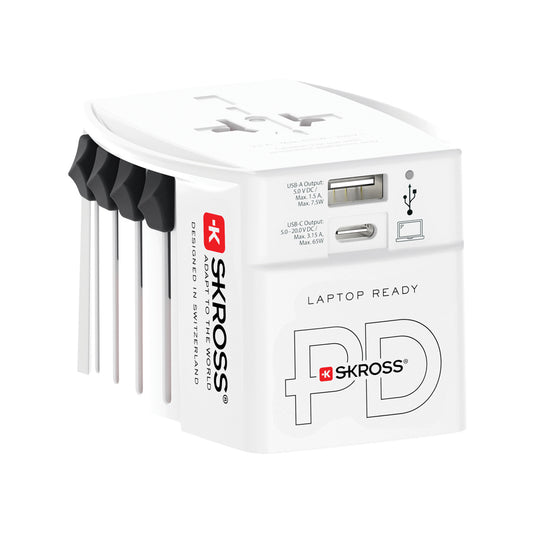 Skross SKROSS World Travel Adapter MUV 65W PD with USB-C cable for phone and tablet charging, compact travel accessory