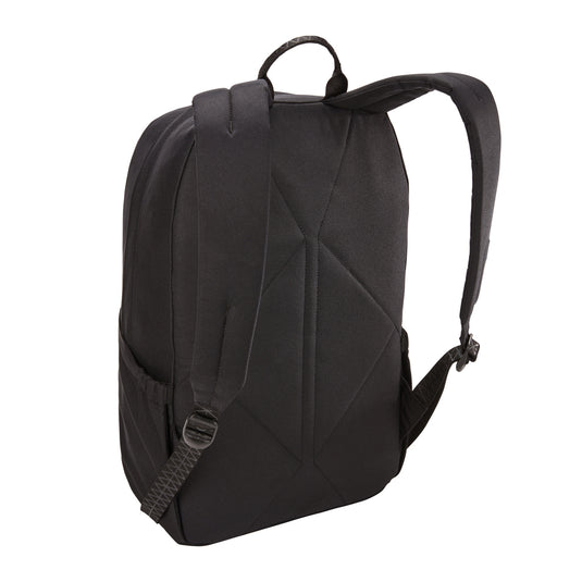 Thule Indago 23L backpack showing durable black fabric, multiple compartments, and padded shoulder straps for travel and everyday use.