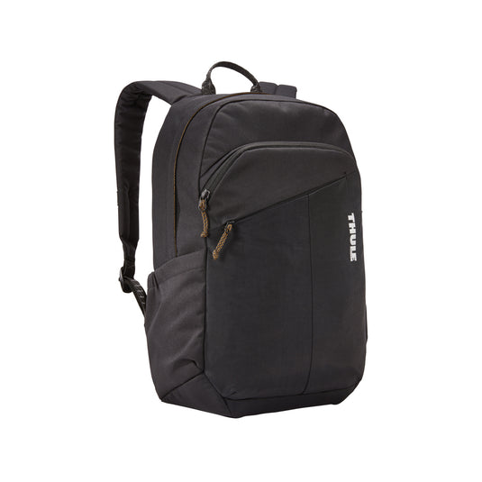Thule Indago 23L backpack for travel and daily use, showing a sleek black bag with multiple compartments and adjustable straps.