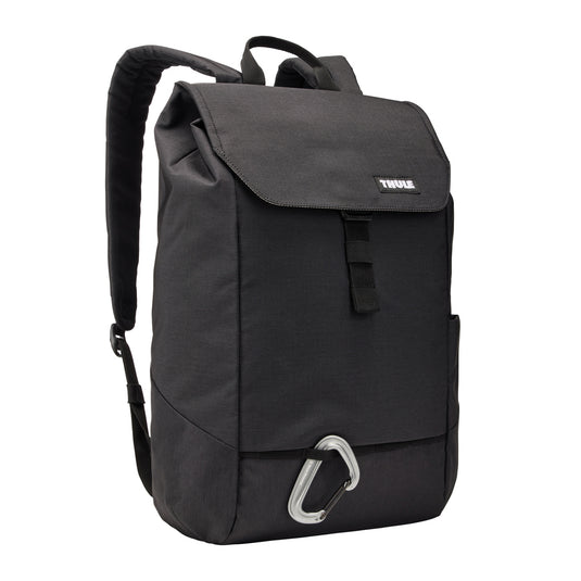 Thule Lithos 16L backpack in black with padded shoulder straps and multiple compartments for travel and daily use.