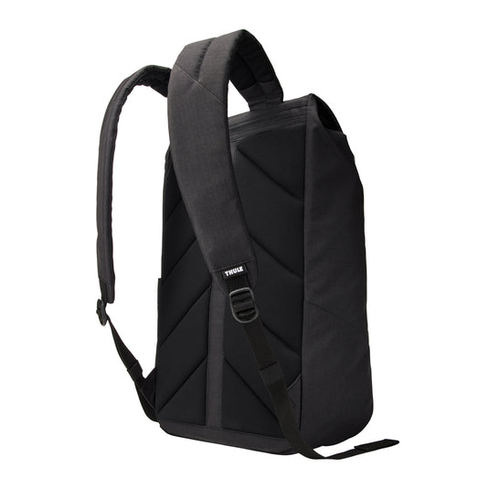 Thule Lithos Backpack 16L in black with multiple compartments and padded shoulder straps, designed for travel and daily use.