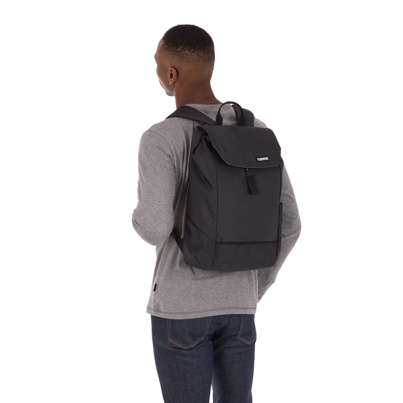 Load image into Gallery viewer, Thule Lithos 16L backpack in black with padded shoulder straps and multiple compartments for travel and daily use.
