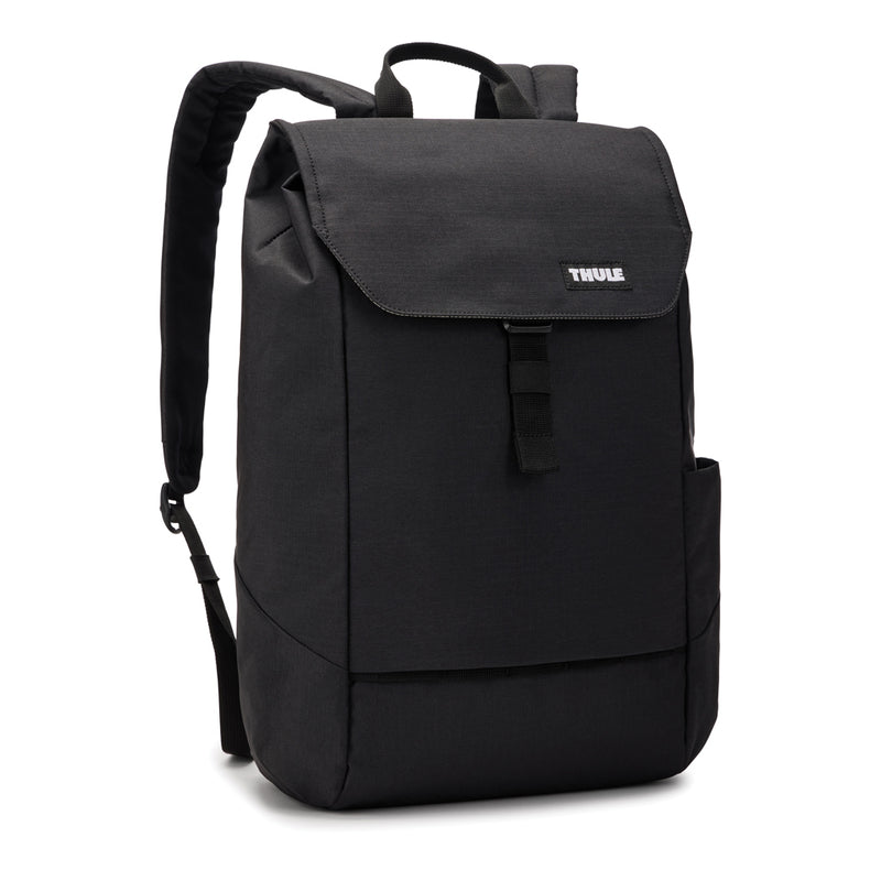 Load image into Gallery viewer, Thule Lithos 16L backpack in black with multiple compartments and padded straps, designed for travel and everyday use.
