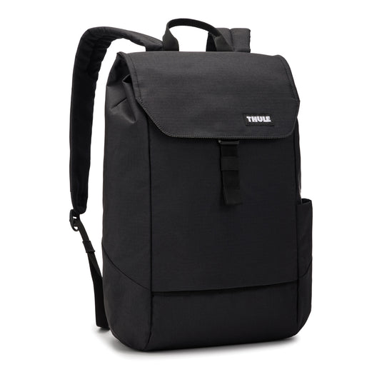 Thule Lithos 16L backpack in black with multiple compartments and padded straps, designed for travel and everyday use.