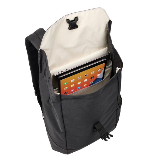 Thule Lithos Backpack 16L in black with multiple compartments and padded straps, designed for travel and daily use.