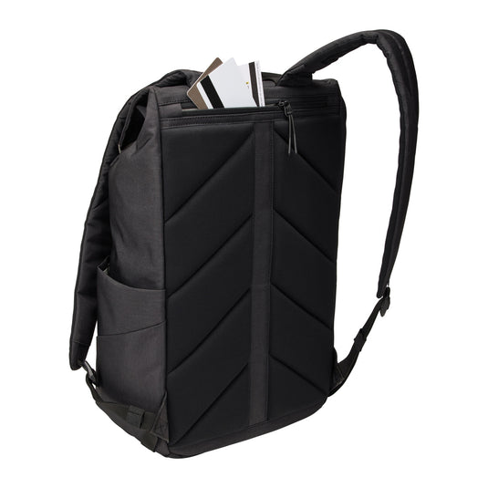 Thule Lithos Backpack 16L in black with multiple compartments, padded straps, and sleek design for everyday travel and commuting.