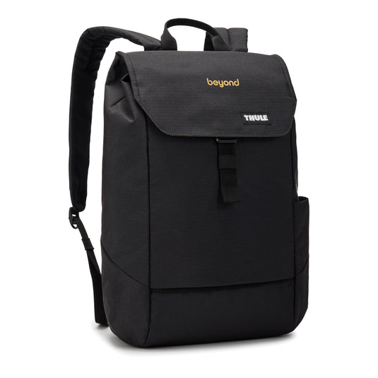 Thule Lithos 16L backpack with padded shoulder straps, front pocket, and sleek black design for travel and daily use.