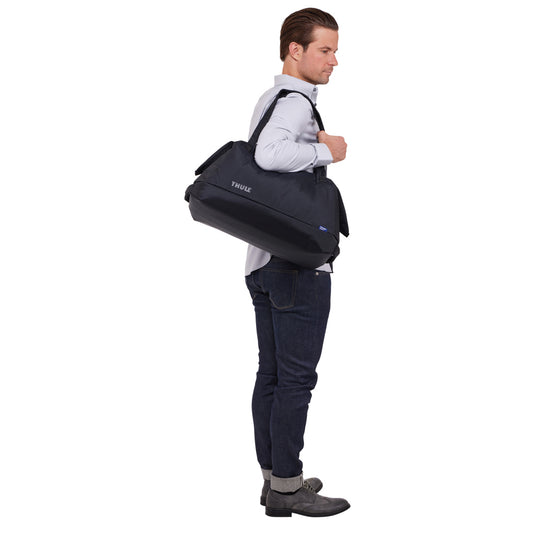 Thule Subterra 2 Duffel 35L black travel bag with sturdy handles and zipper closure, designed for durable travel and storage.